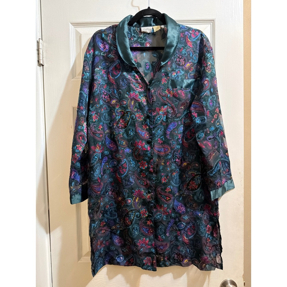 Kathryn Vintage Paisley Floral Sleep Shirt Satin Trim Sheer Nightgown Green XL